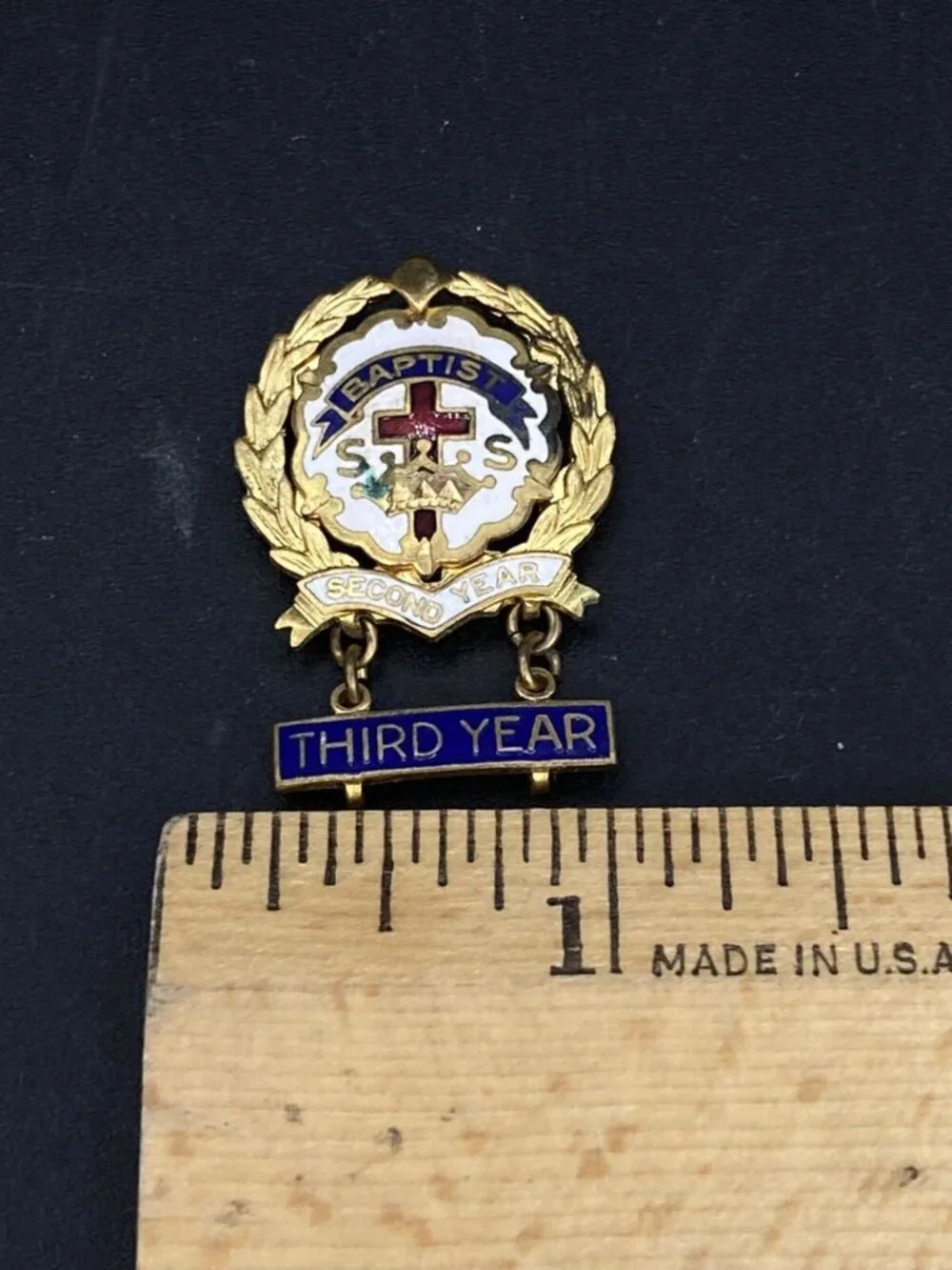 Baptist Sunday School 3rd Year Pin Little System Cross & Crown by Uncas